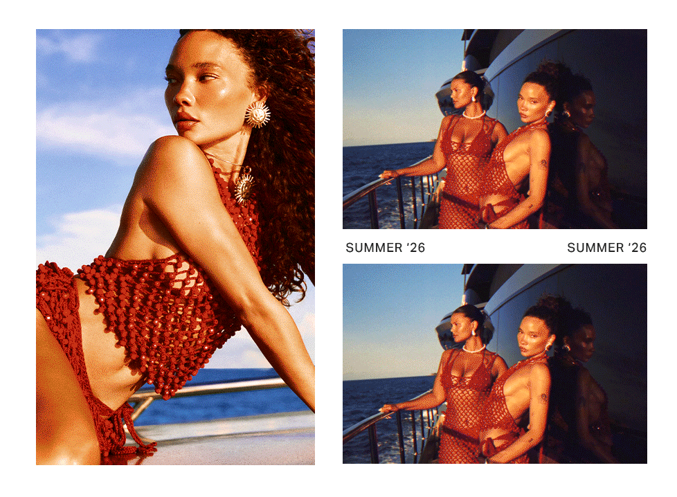 Woman models a brown crochet top and blue denim drawstring shorts. Yellow, striped shorts, & a straw tote bag accent this versatile summer fashion collection.