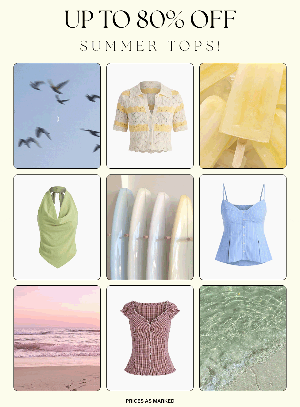 Summer sale collage: cream knit polo, green halter, blue cami, red gingham top with summer scenes. Up to 80% off women's summer fashion!
