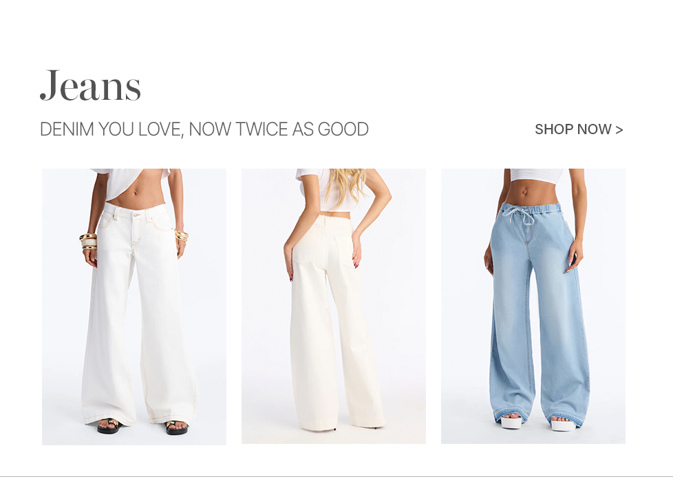 Models wearing three styles of wide-leg jeans: white, off-white, and light blue denim. Discover the latest fashion jeans collection now.