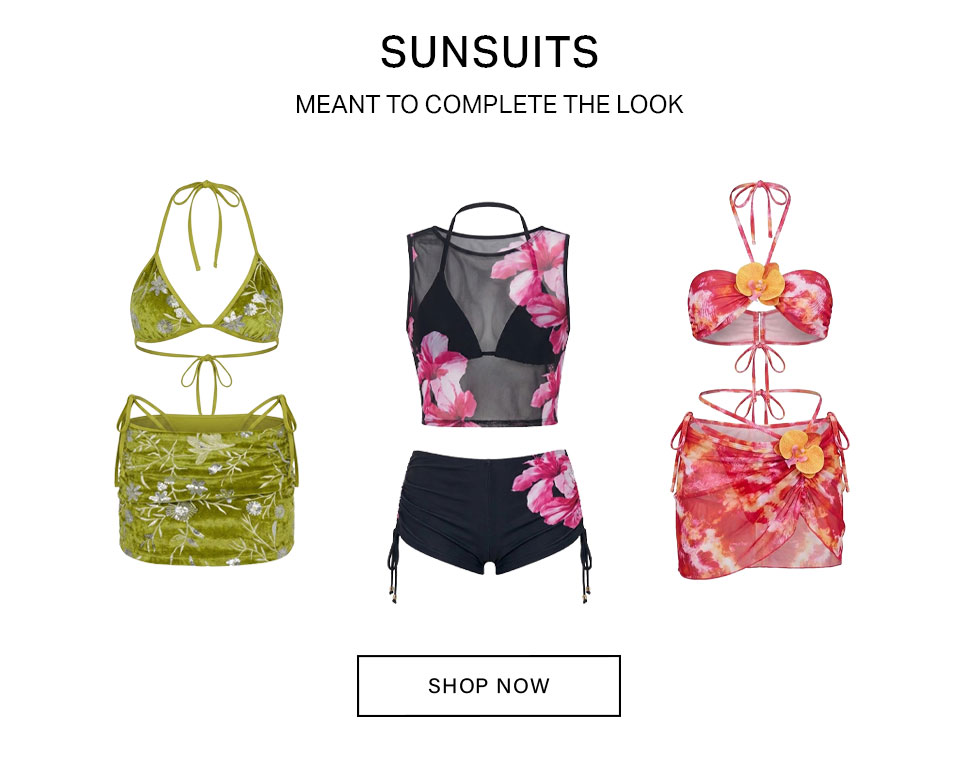 Women's sunsuits: velvet embroidered bikini, floral mesh top with shorts, & tie-dye bikini with sarong to complete your look.