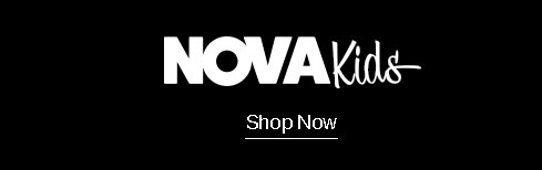 White NOVA Kids logo on a black background, centered above "Shop Now." Explore the latest children's fashion and apparel collection.