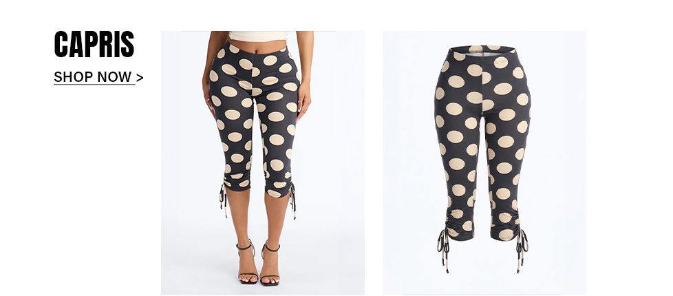 Shop trendy polka dot capris for women. Black and cream cropped leggings featuring side-tie hem details, shown on a model and mannequin.