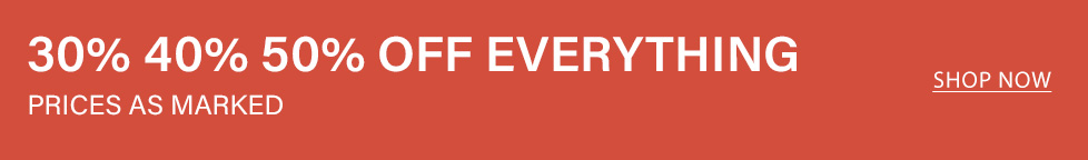 Red promotional banner for a site-wide sale offering 30%, 40%, and 50% off everything, with white text, prices as marked, and a shop now button.