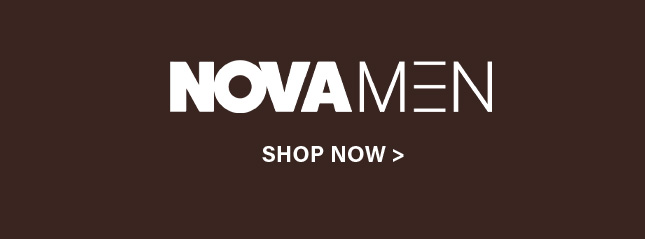 White 'NOVA MEN' branding and 'SHOP NOW' button on a dark brown background. Explore men's fashion and apparel collections.