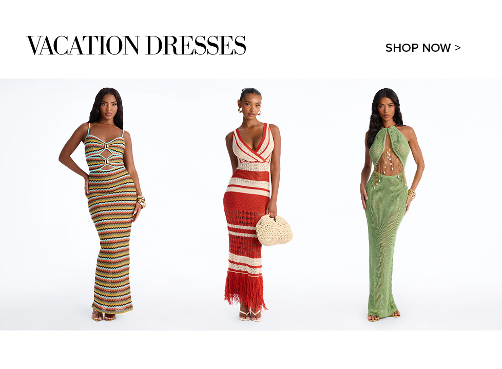 Three models showcase stylish knit vacation dresses: multi-color cutout, red/cream fringe, and green halter maxi designs. Shop now!