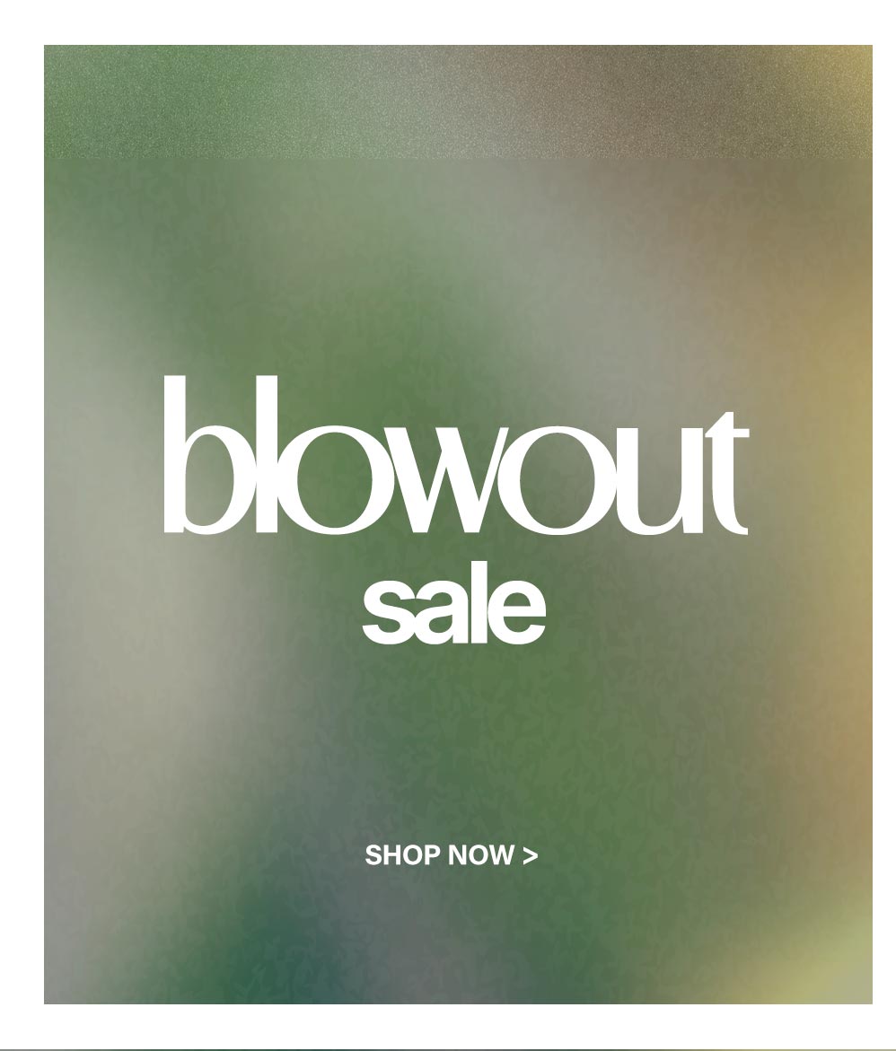 Bold white "blowout sale" text displayed on a blurred green and gold gradient background with a subtle texture. "SHOP NOW >" to find discounts.