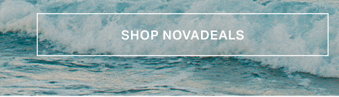 Dynamic teal ocean wave cresting with white foam. Text reads 'SHOP NOVADEALS' to discover exciting discounts and offers.