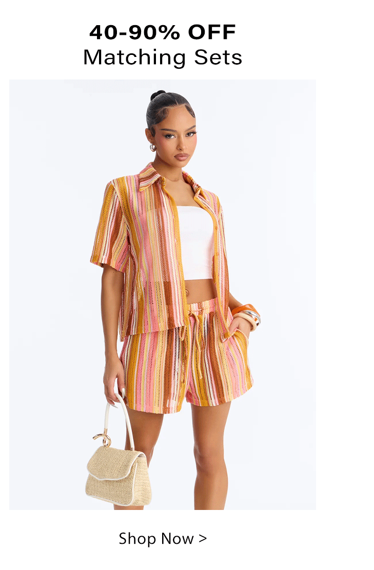 Striped knit matching set: short-sleeve shirt & shorts on a model. Shop 40-90% off women's summer two-piece outfits & sets.