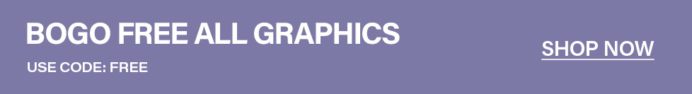 Muted purple banner advertises "BOGO FREE ALL GRAPHICS." Use code FREE to get a buy one get one free deal on graphic tees. Shop now!