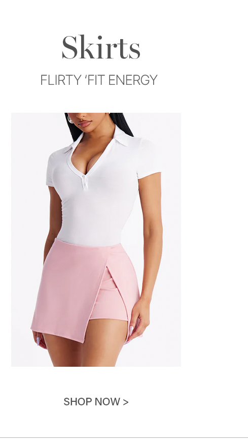 Modern outfit featuring a white polo top and a light pink wrap skort, promoting new women's skirts collection with flirty energy.