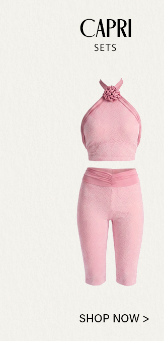 Stylish pink textured halter crop top with floral neck detail and matching ruched capri pants. Shop our new summer Capri sets.