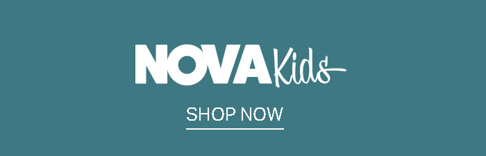 White "NOVA Kids" logo on a teal background with "SHOP NOW" text. Shop the latest kids' clothes and children's apparel collection.