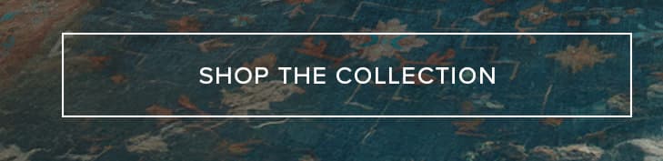 Ornate dark teal rug with abstract orange and gold patterns, overlaid with "SHOP THE COLLECTION" button. Explore our new home decor collection.