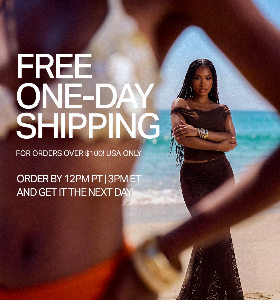 FREE ONE-DAY SHIPPING: Orders over $100, USA only. Order by 12PM PT/3PM ET for next day delivery. Woman in brown fashion on beach.