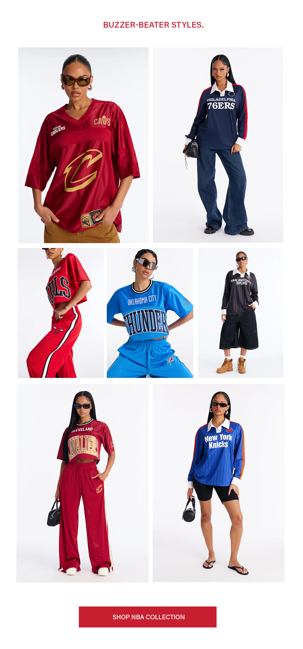 NBA fashion collection featuring women wearing Cleveland Cavaliers, 76ers, Bulls, Thunder, Spurs, Knicks jerseys & sporty streetwear. Shop now!