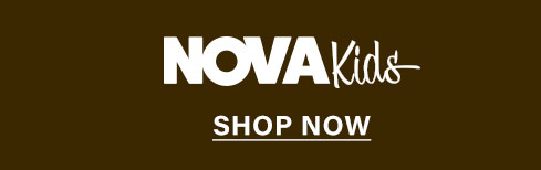 White "NOVA Kids" logo and "SHOP NOW" button on a dark brown background. Explore our collection of stylish children's clothing.