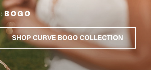 Blurry image of warm skin tones and white fabric. Button "SHOP CURVE BOGO COLLECTION" highlights a BOGO offer on stylish apparel.