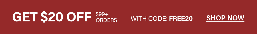 Red promotional banner offers $20 off $99+ online orders using code FREE20. Shop now for this exclusive sale discount!