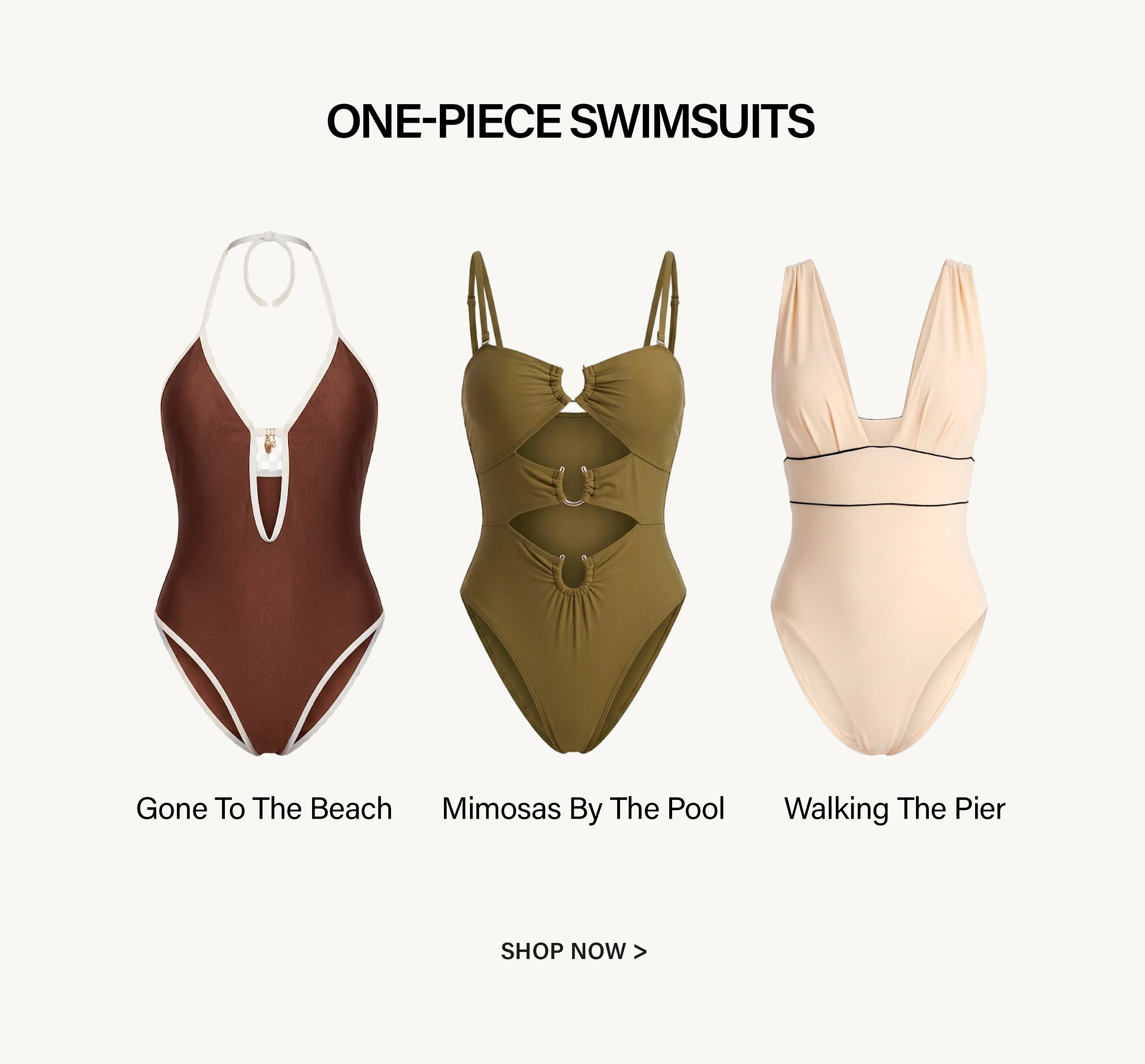 Three distinct one-piece swimsuits: brown halter with white trim, olive green with front cutouts, and a nude V-neck with black piping. Explore swimwear.