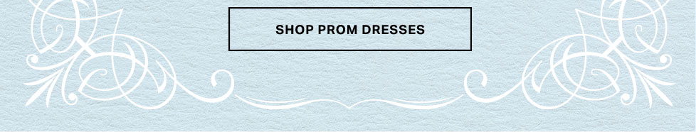Light blue textured banner with white decorative swirls and a black-bordered box with "SHOP PROM DRESSES" text. Click to find your perfect prom gown.