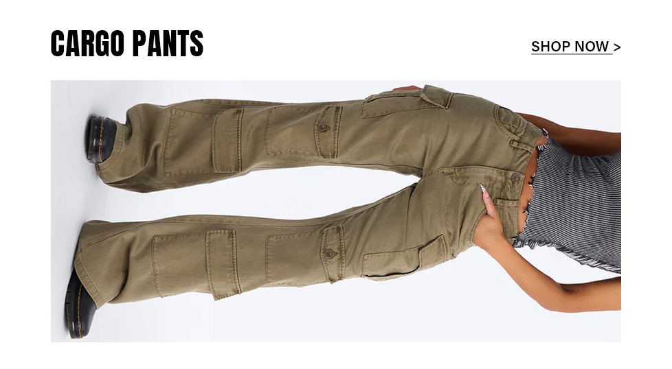Shop olive green wide-leg cargo pants with multi-pockets and black boots, featured on a shopping banner promoting the new women's collection.