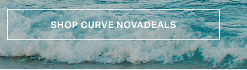 Crashing teal ocean waves with white foam. Text 'SHOP CURVE NOVADEALS' highlights exciting new online deals and special offers.