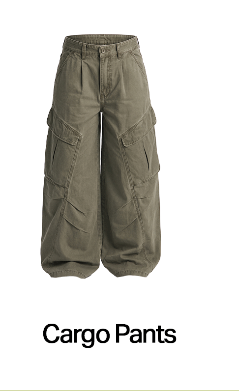 Olive green wide leg baggy cargo pants with utility pockets.
