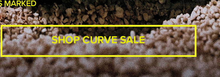 Yellow banner reading 'SHOP CURVE SALE' over a textured, earth-toned gravel background, promoting a major discount on plus size fashion.