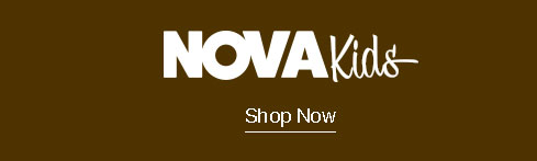 White "NOVA Kids" logo and "SHOP NOW" button on a dark brown background. Explore our collection of stylish children's clothing.