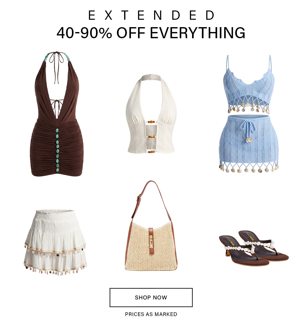 Extended sale: 40-90% OFF women's summer dresses, knit sets, skirts, straw bags & pearl sandals. Shop tropical resort fashion now!