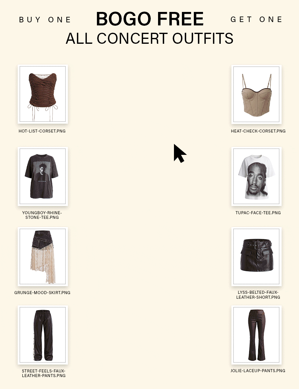 BOGO Free concert outfits promo: grid of brown and beige corsets, graphic tees, faux leather skirts, shorts, and pants.