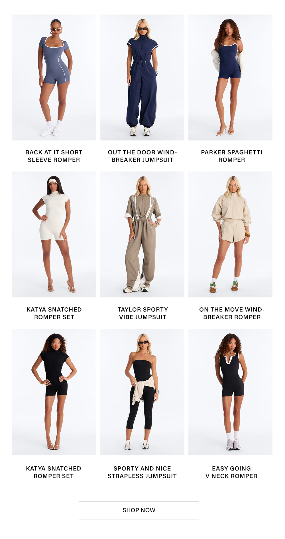 E-commerce grid of women's athletic rompers and jumpsuits in blue, black, and neutral tones, promoting a sporty fashion collection to Shop Now.