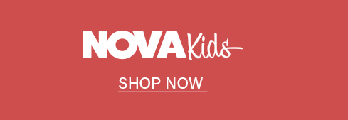 Nova Kids logo in white text on a vibrant red background, centered above a white "SHOP NOW" call to action. Discover stylish children's clothing.