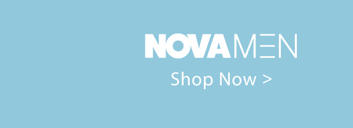 NOVA MEN logo in white on a light blue background. Below, 'Shop Now' invites customers to explore the men's fashion collection.