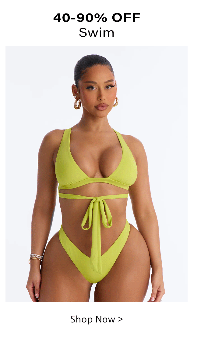 Woman in lime green tie-front halter bikini, high-cut bottoms. Shop 40-90% off women's swimwear now.