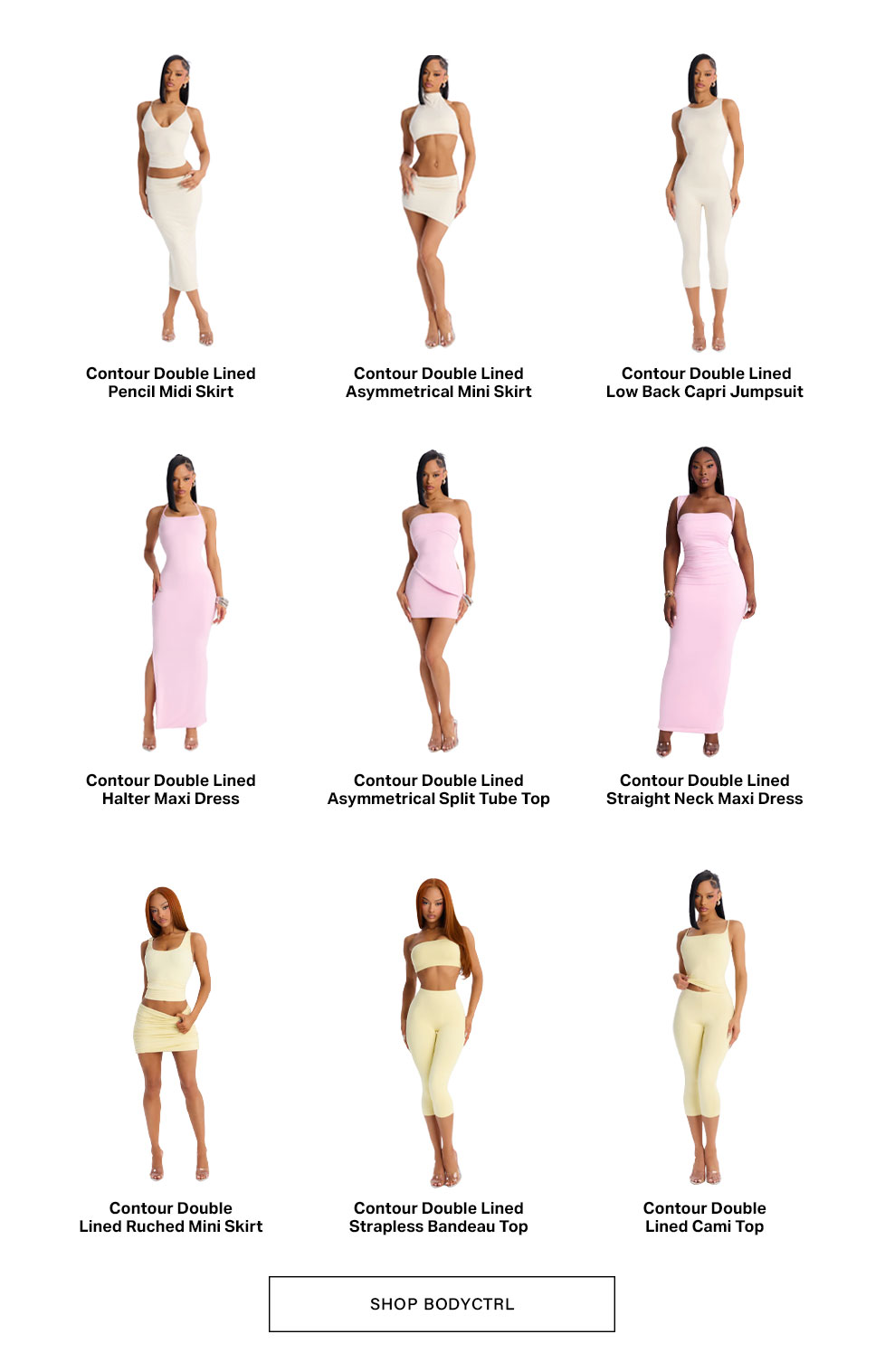 Contour Double Lined women's clothing collection: form-fitting dresses, skirts, tops, and jumpsuits in cream, pink, yellow.