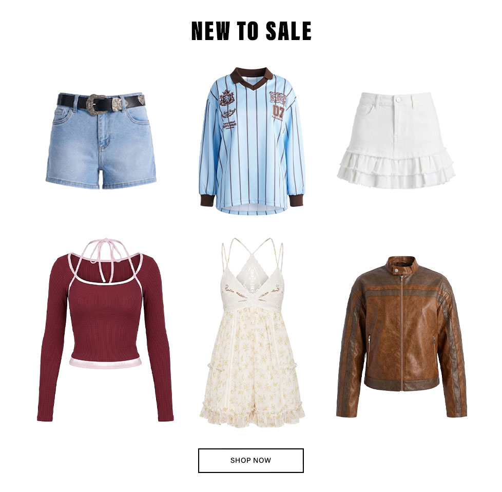 New to Sale: Trendy women's shorts, striped shirt, ruffled skirt, long-sleeve top, floral dress, & leather jacket. Shop now!