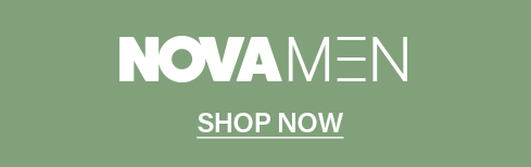Sage green banner with white text: 'NOVA MEN' brand logo above 'SHOP NOW' call to action for men's clothing and fashion.