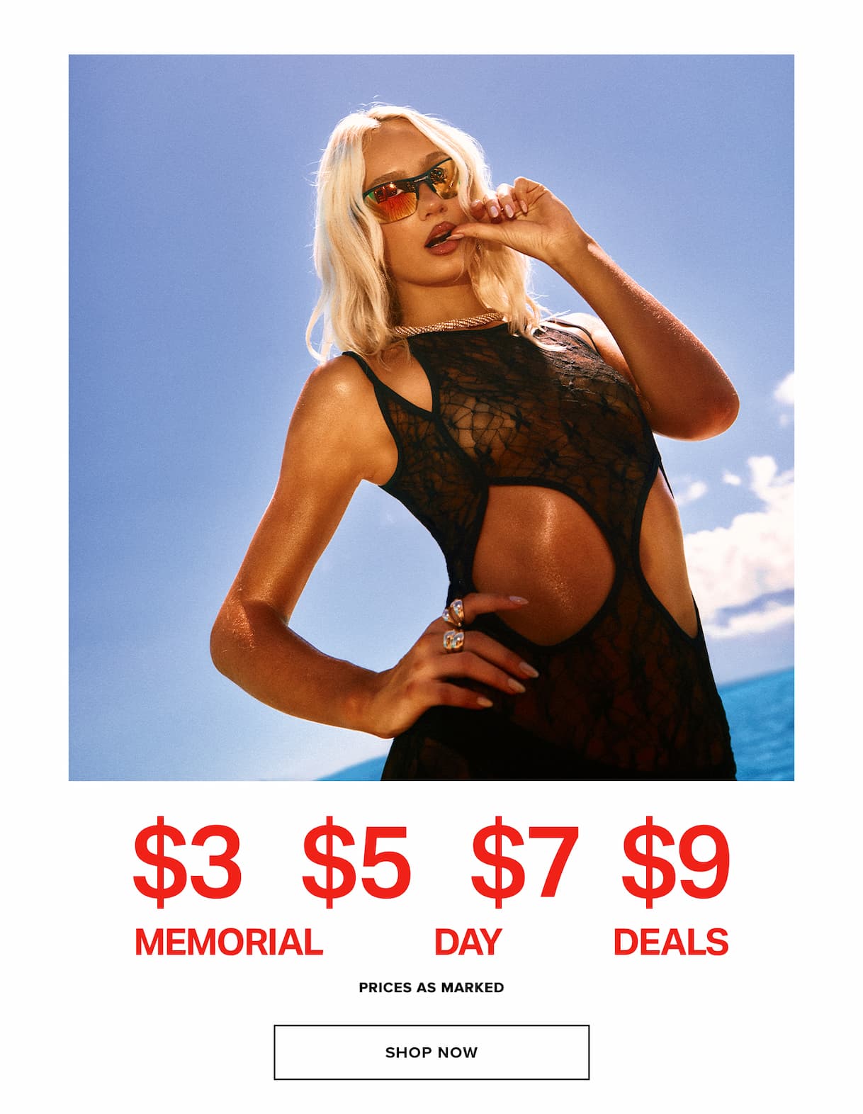 Memorial Day Deals: Shop $3, $5, $7, $9 summer styles! Woman in black sheer cutout swimsuit & sunglasses.