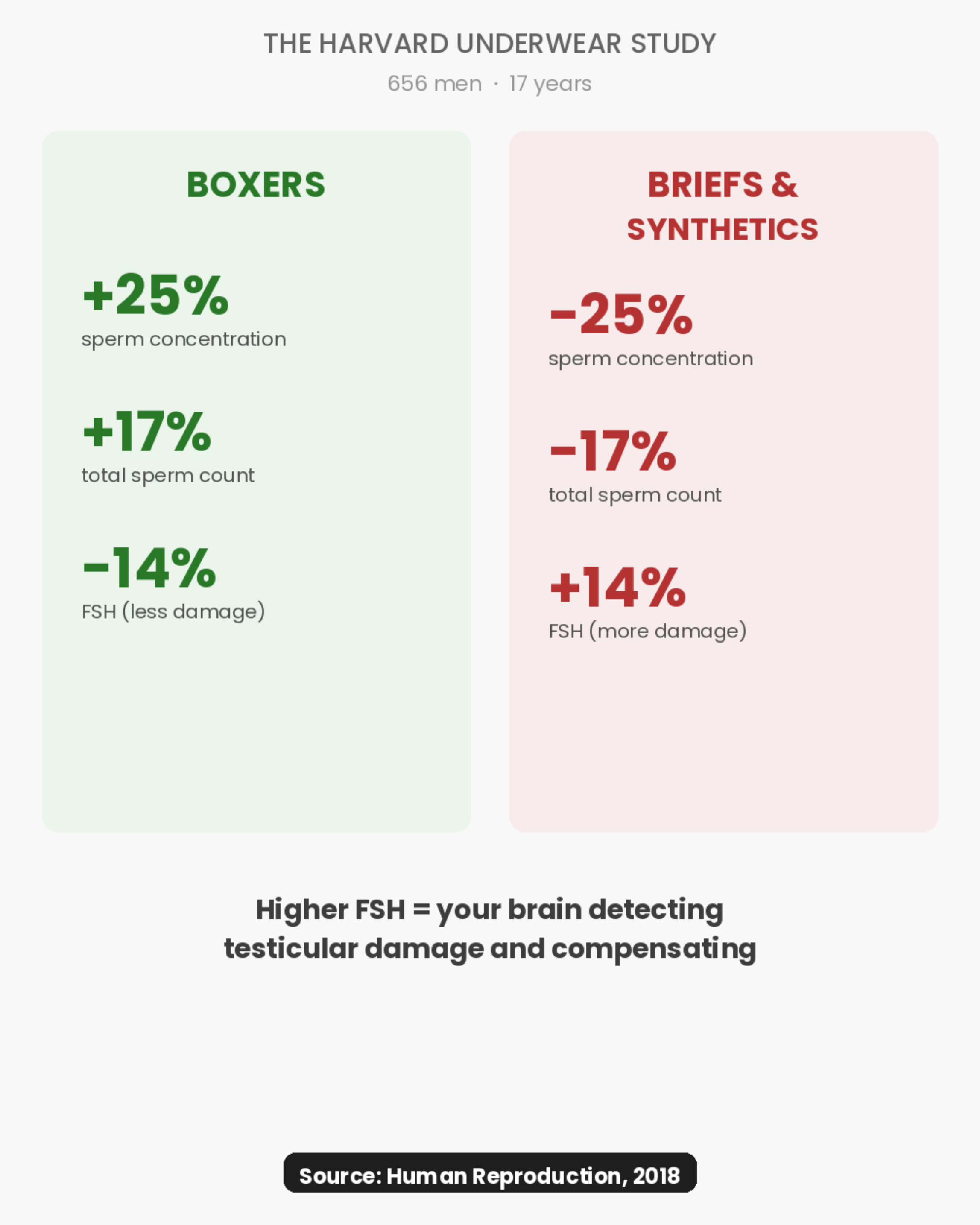 25% higher sperm concentration in boxer wearers - Source: Human Reproduction, 2018