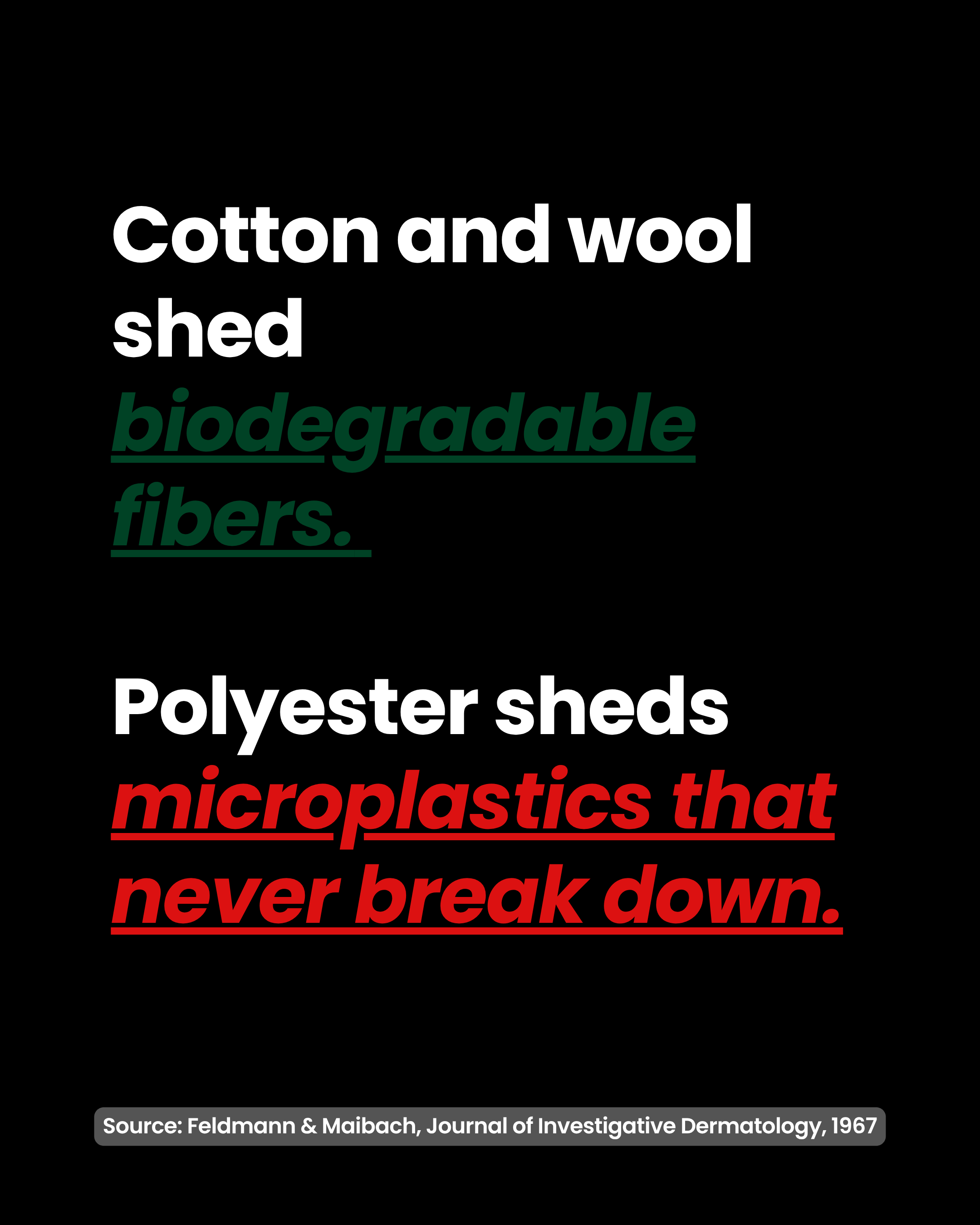 Cotton and wool shed biodegradable fibers. Polyester sheds microplastics that never break down.