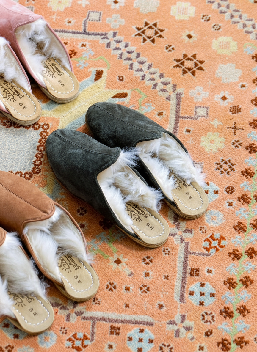 an image of a pair of feet in slippers on a rug