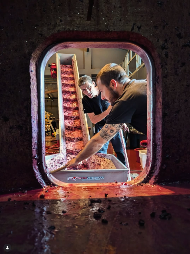 Working the fermenting Sangiovese through the tank door at Tenuta di Carleone