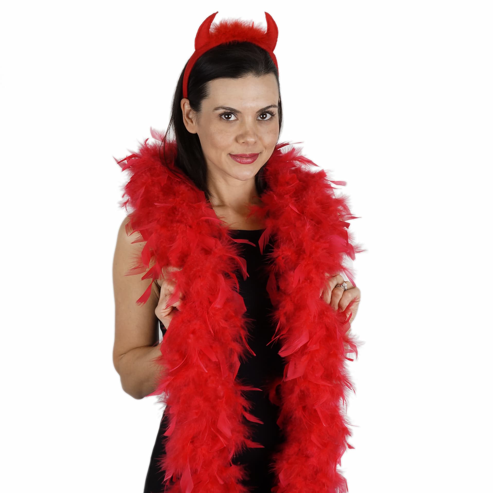 Devilish headband and red feather boa Halloween look