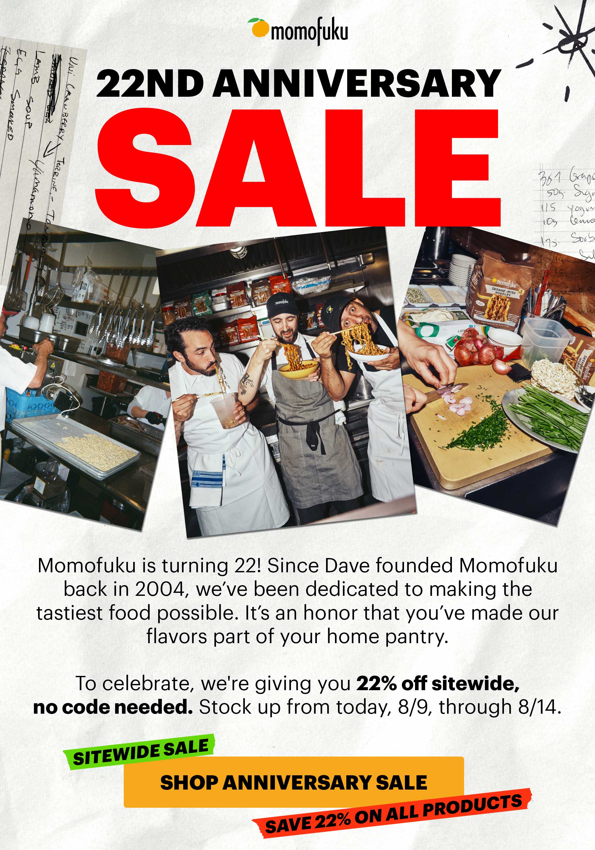 Header: 22nd Anniversary Sale Sub-header: Momofuku is turning 22.  CTA: SHOP ANNIVERSARY SALE