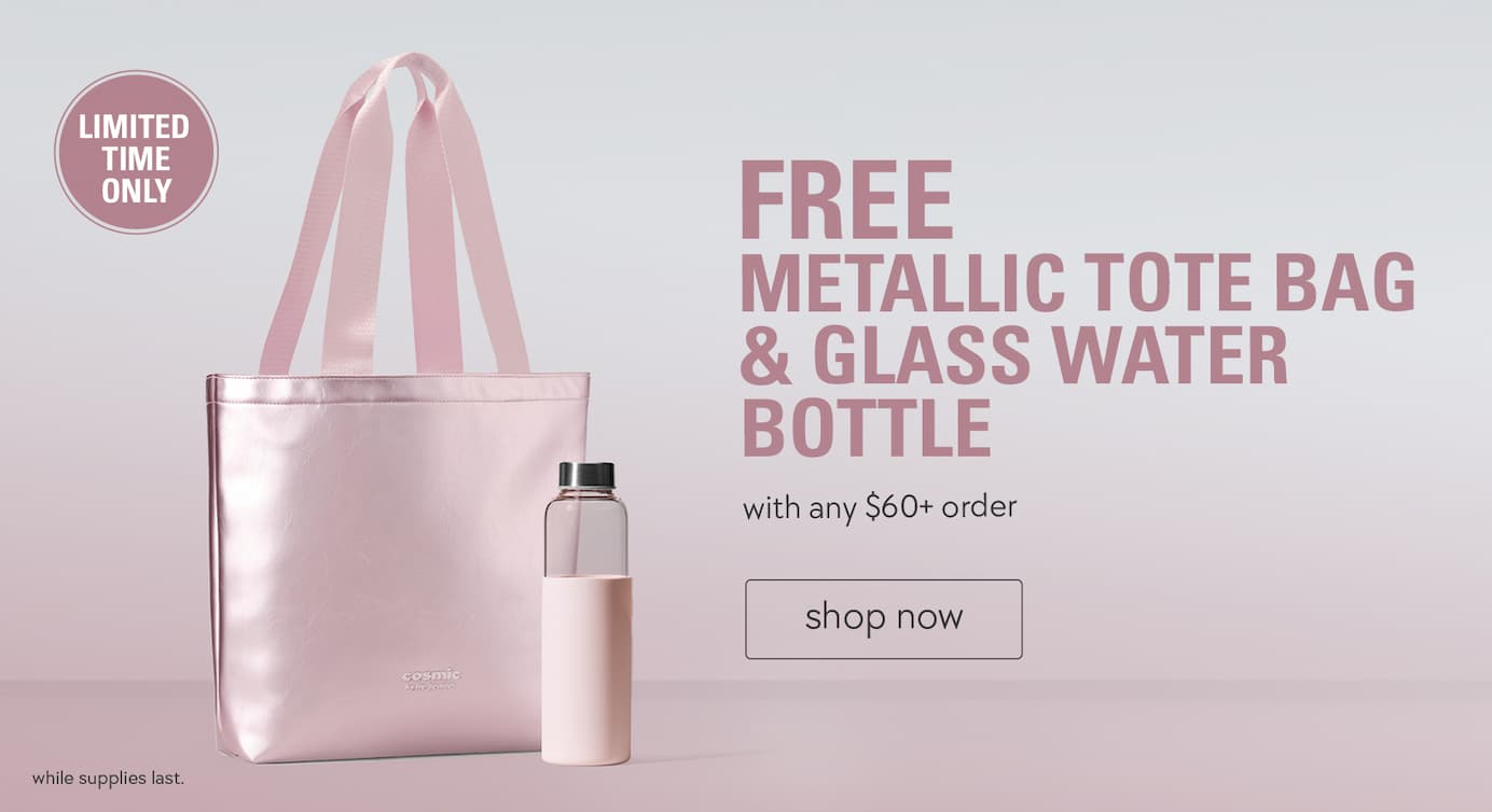 free metallic tote bag & glass water bottle