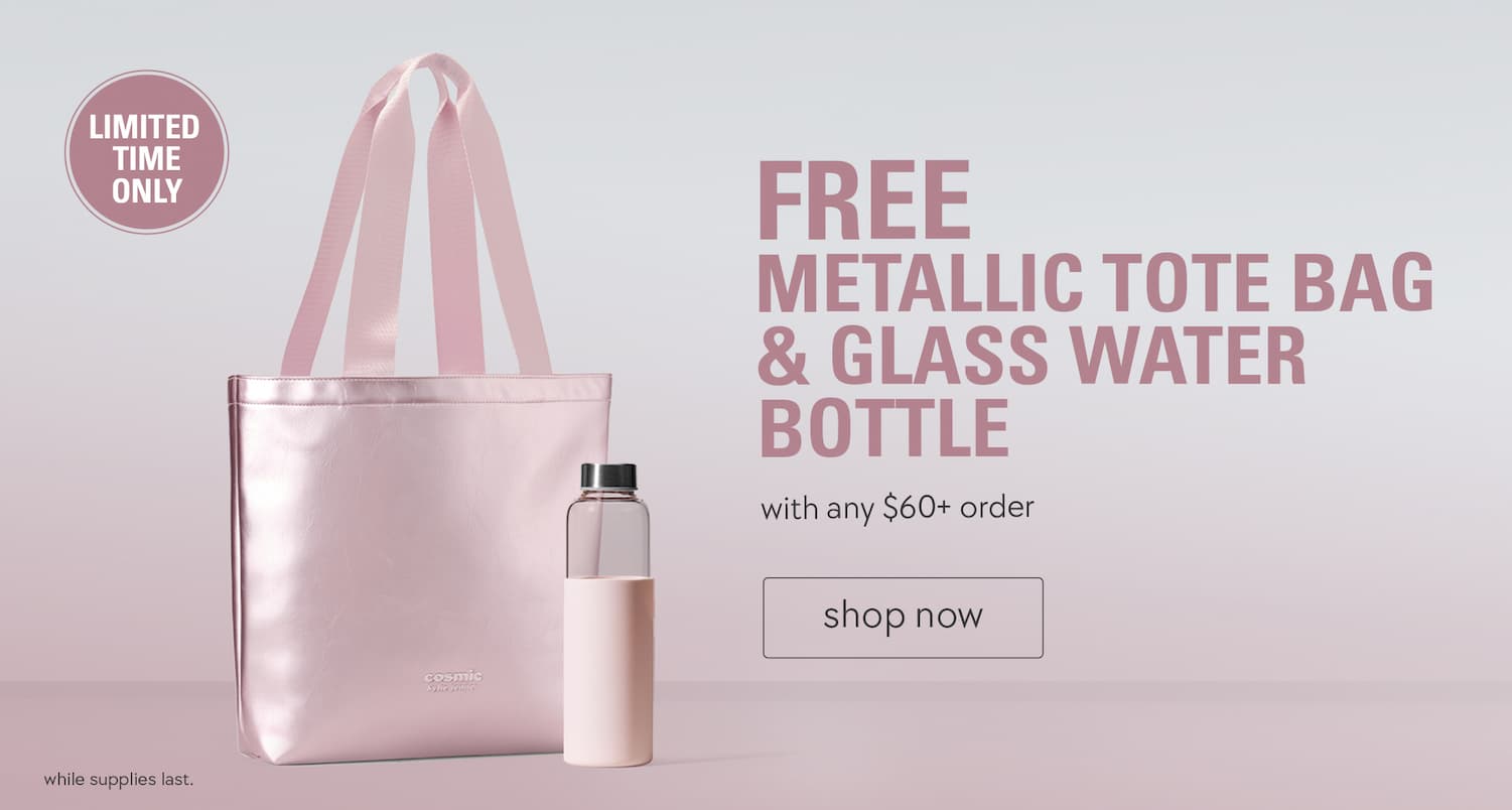 free metallic tote bag & glass water bottle