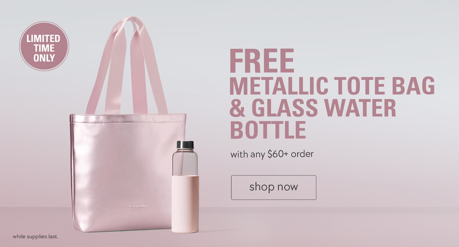 free metallic tote bag & glass water bottle