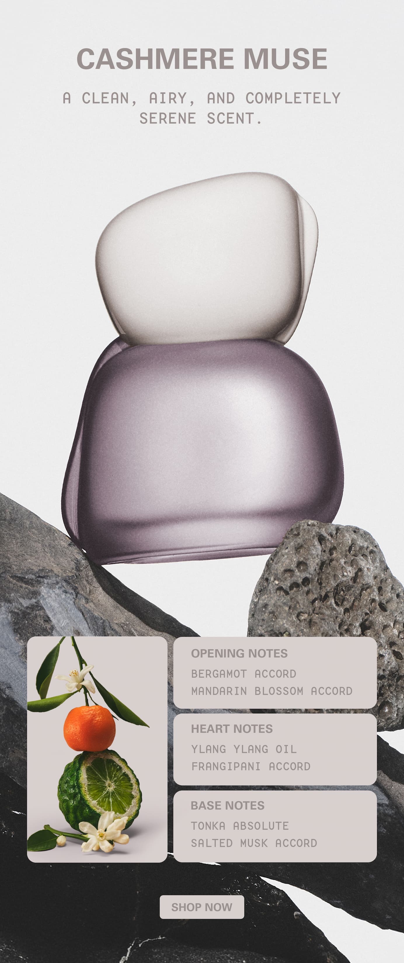 cashmere muse: a clean, airy, and completely serene scent.