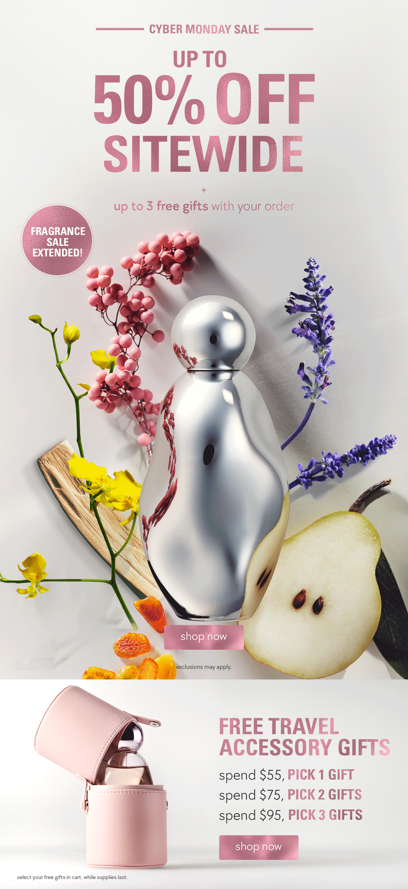 up to 50% off sitewide + up to 3 free gifts with your order